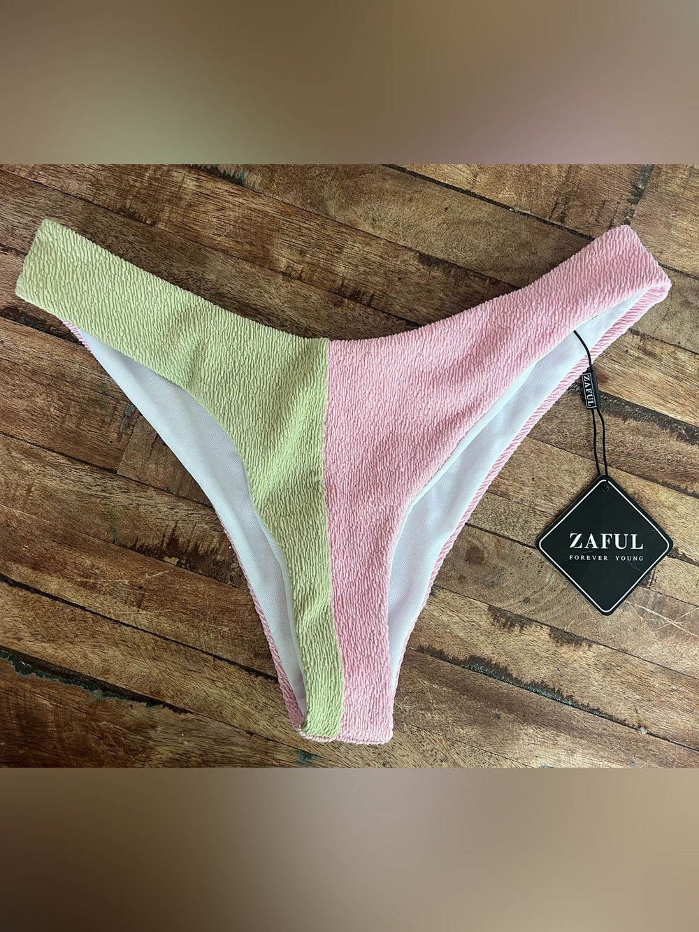 NWT ZAFUL Pink Sage Green Crinkle Colorblock Bikini Bottoms US 6 Medium NEW Swim